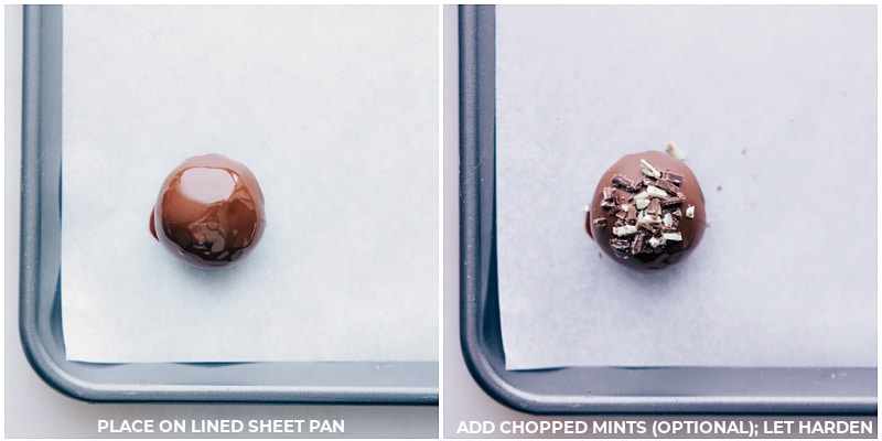 Process shots of mint oreo truffles-- images of the chopped mints being added on top of the balls