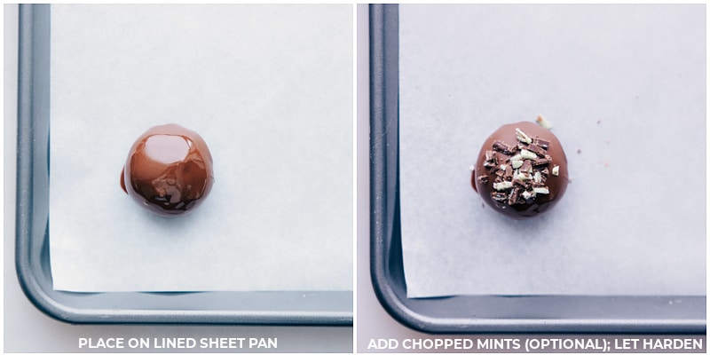 Process shots of Mint Oreo Truffles-- images of the chopped mints being added on top of the balls