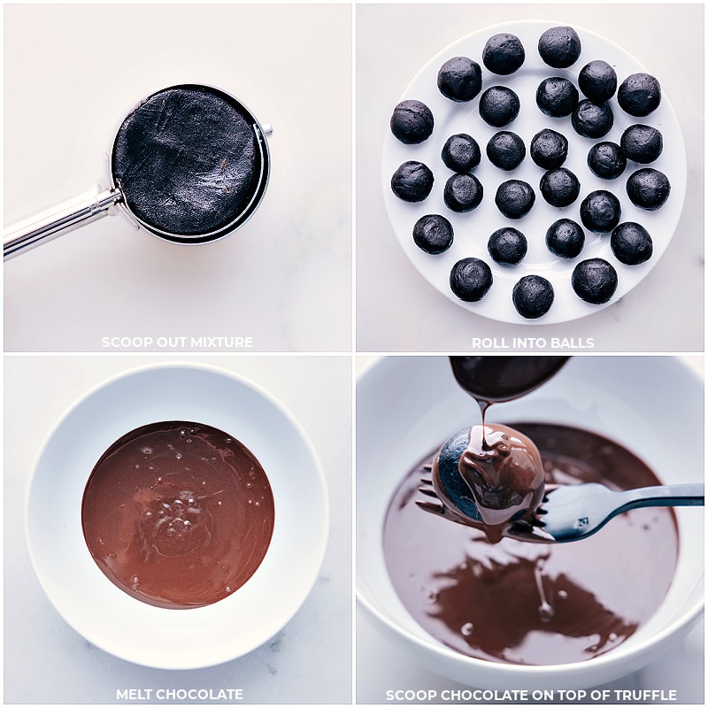 Process shots-- images of the balls being scooped and dipped in chocolate