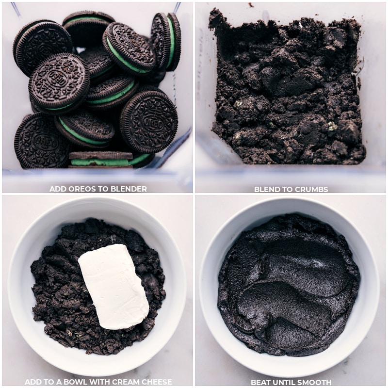 Process shots of mint oreo truffles-- images of the Oreos being added to a blender and being blended then the oreo crumbs being combined with cream cheese