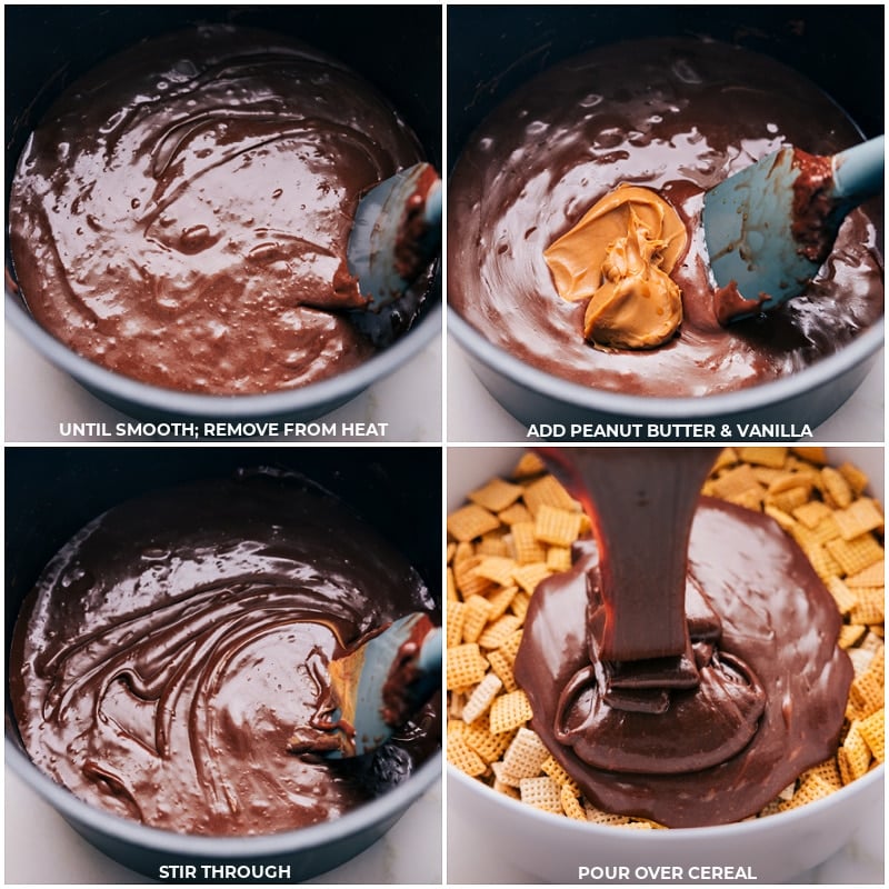 Process shots-- images of the chocolate peanut butter mixture being combined with the cereal