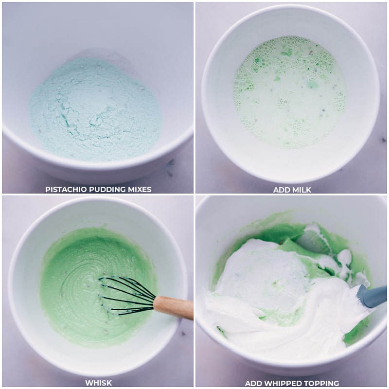 Process shots-- images of the pudding mixes, milk, and whipped toppings being added to a bowl