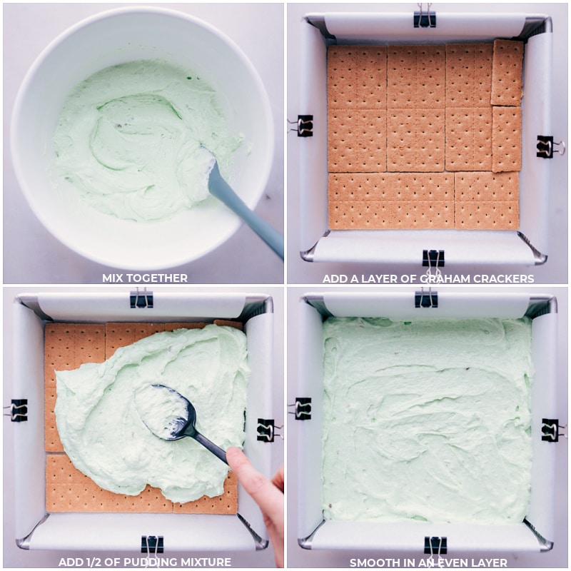 Process shots of Pistachio Icebox Cake-- images of the graham crackers and pudding mixture being layered in