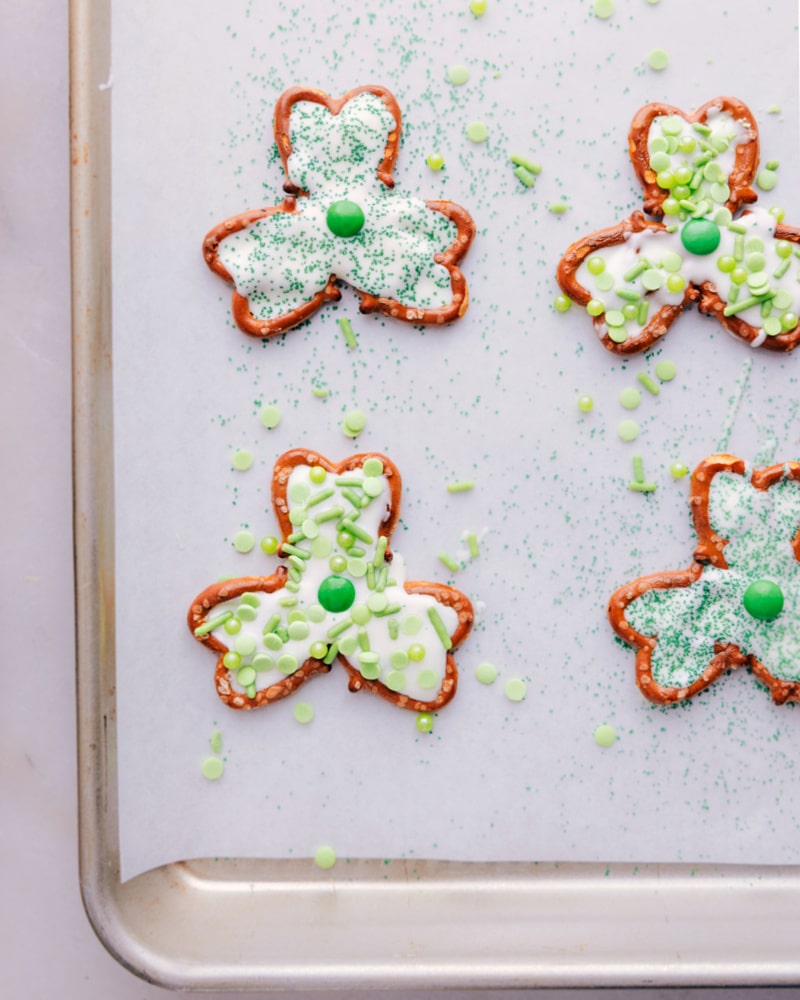 Overhead image of Pretzel Shamrocks on a tray