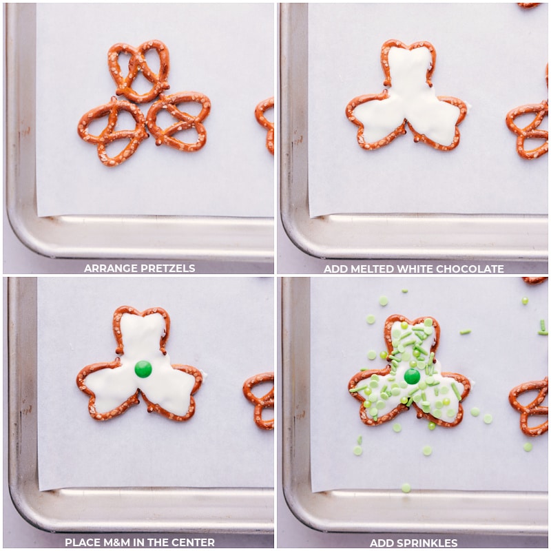 Process shots-- images of the pretzels being arranged and melted chocolate being poured in the center with sprinkles