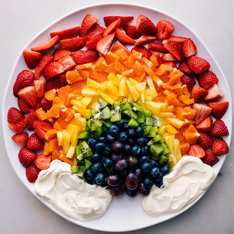 Overhead image of the Rainbow Fruit Tray ready to be enjoyed