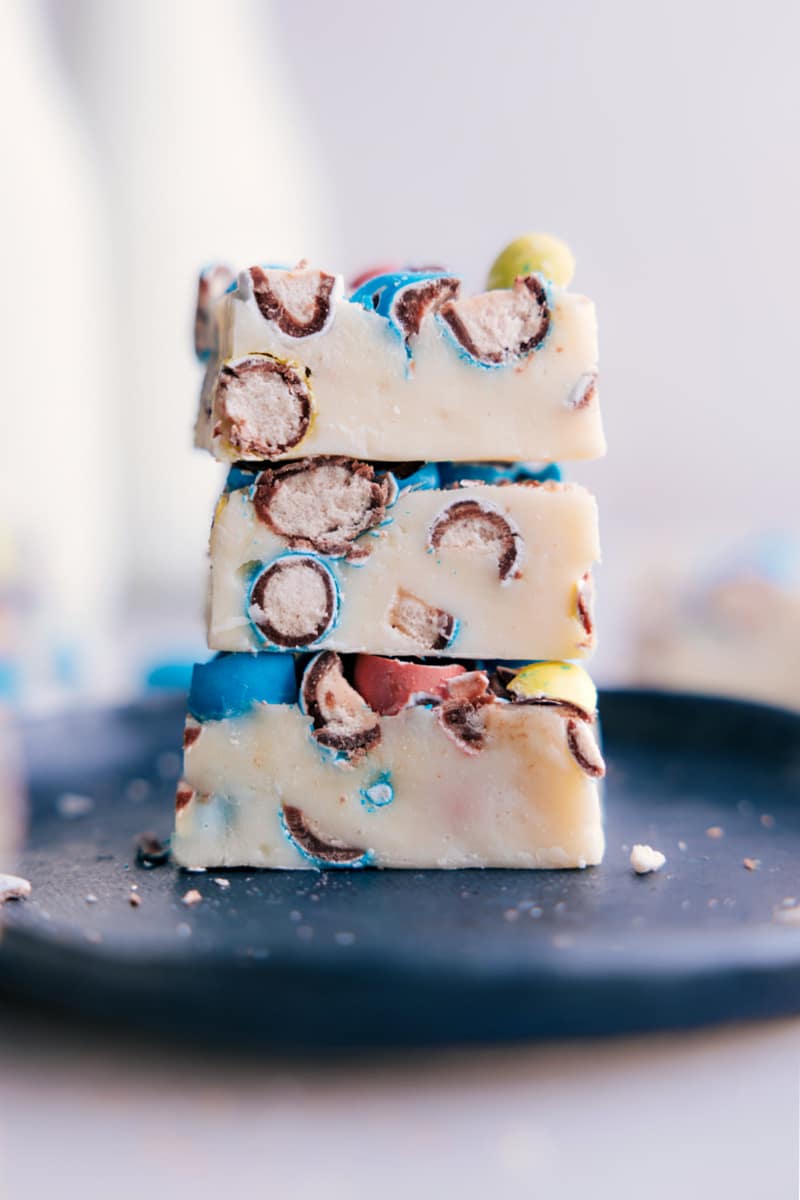 Image of the Robin Egg Fudge being stacked on top of each other 