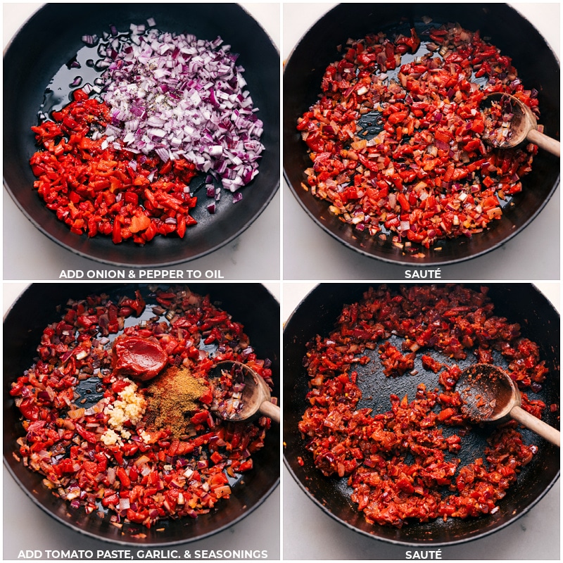 Process shots-- images of the veggies being sautéed and then tomato paste, garlic, and seasonings being added