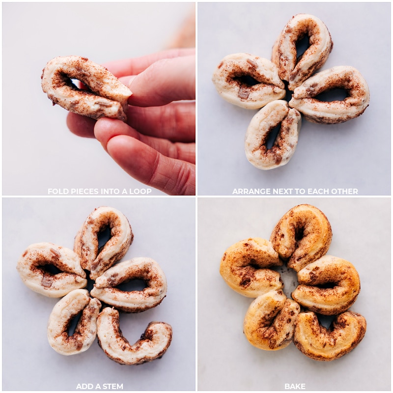 Process shots of Shamrock Cinnamon Rolls: fold pieces to forma loop; arrange four loops in a circle; add a stem and bake.