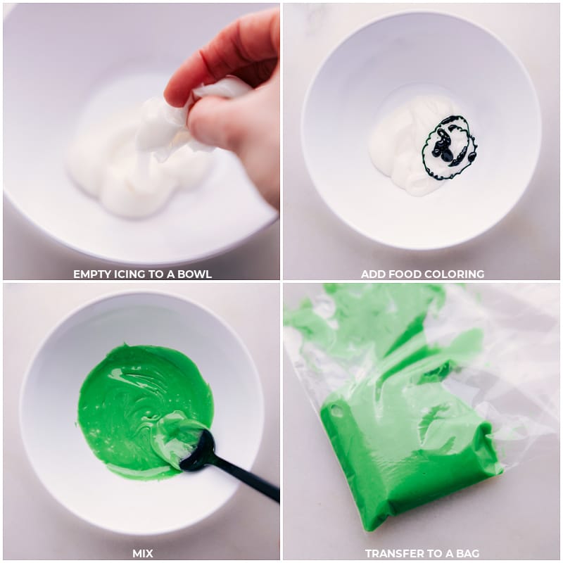 Process shots: empty the icing into a bowl and add food coloring; mix; transfer to a plastic bag.