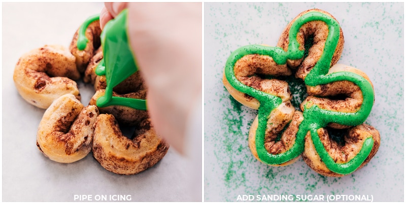 Process shots of shamrock cinnamon rolls: pipe icing on the baked cinnamon roll shamrocks; add sanding sugar if desired.