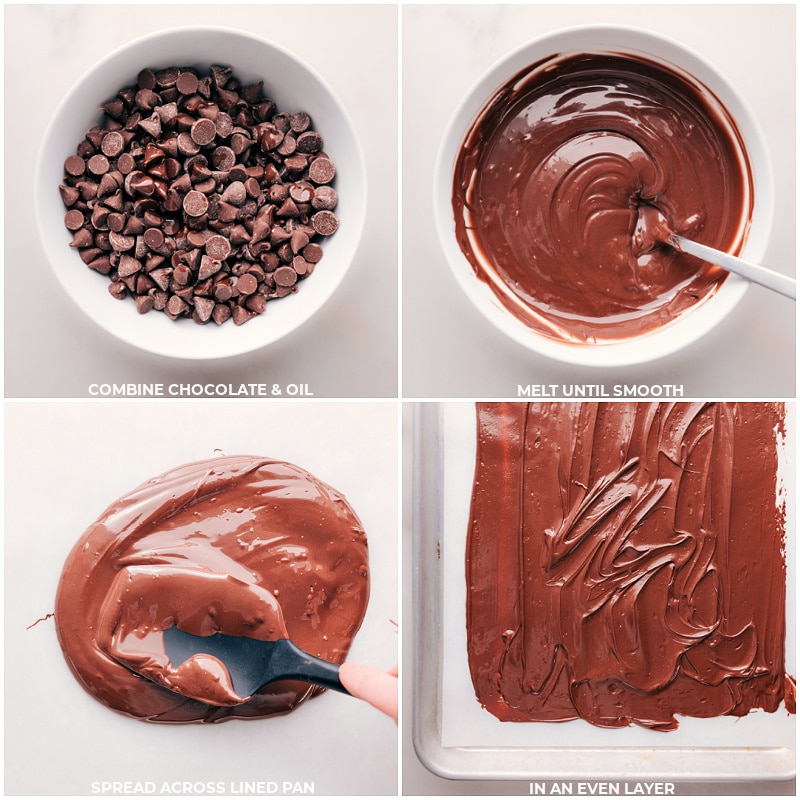 Process shots-- images of the chocolate being melted and spread on a parchment lined sheet pan