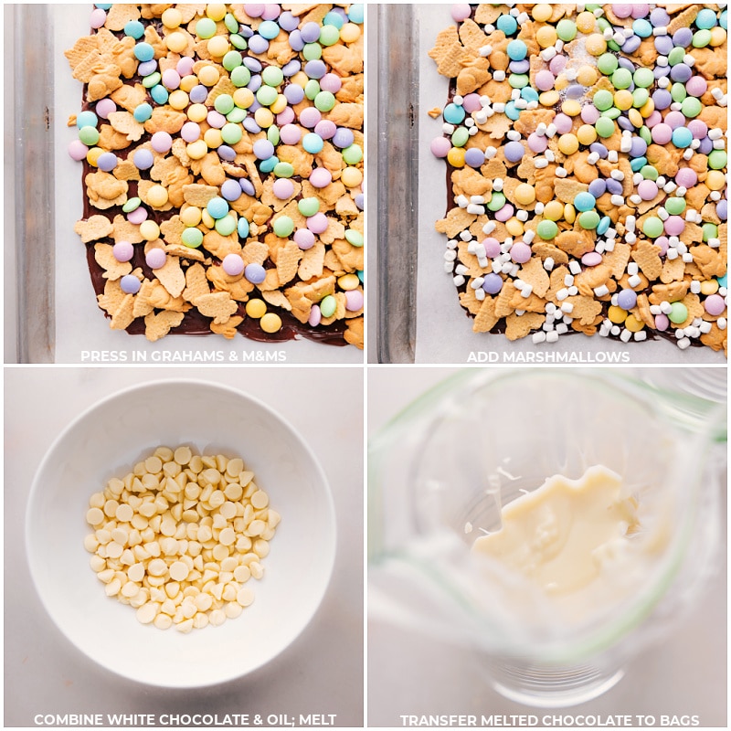 Process shots of Easter Snack Mix-- images of the graham cracker bunnies, M&M's and marshmallows being added on top of the chocolate and then white chocolate being melted