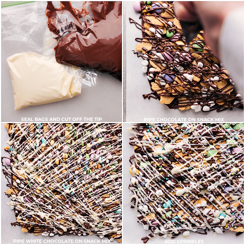 Process shots-- images of the white and milk chocolate being drizzled over everything!