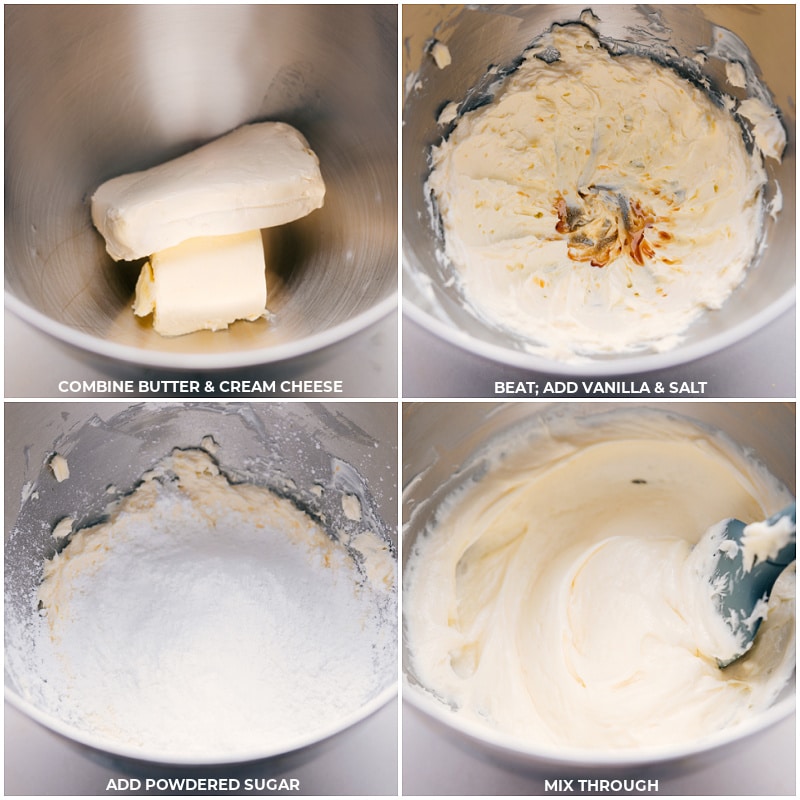 Process shots-- images of the butter, cream cheese, vanilla, salt, and powdered sugar all being added to a stand mixer