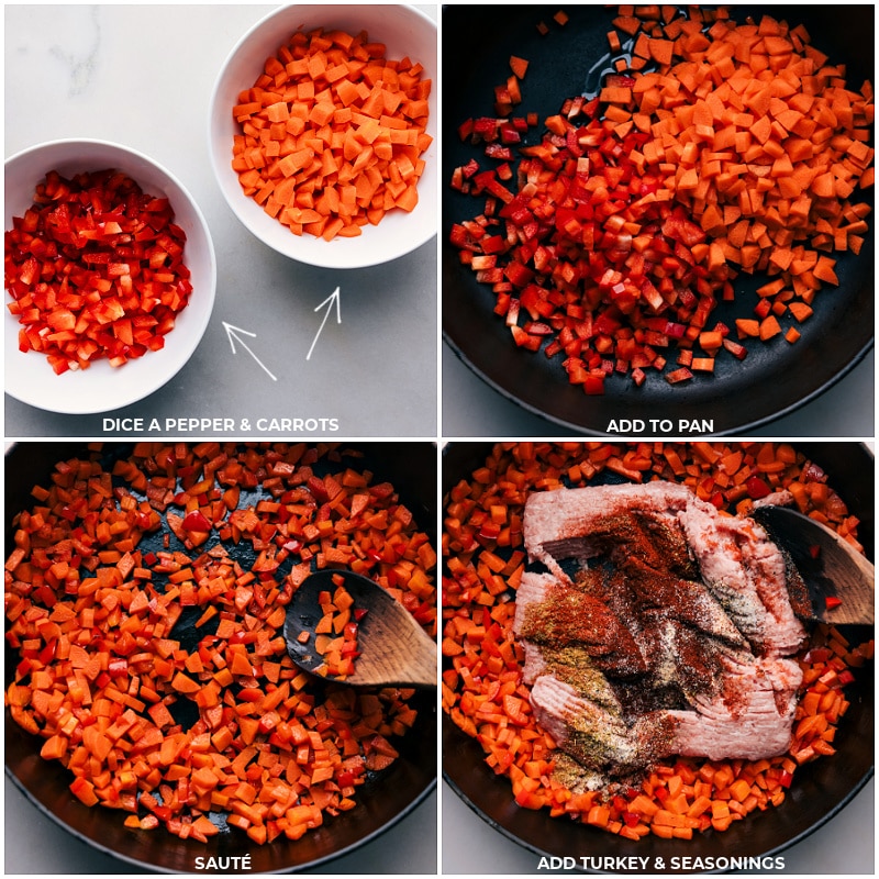 Process shots-- images of the pepper, carrots, turkey, and seasonings all being added to a pot to sauté 