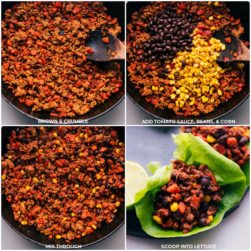 Process shots of Turkey lettuce wraps-- images of the tomato sauce, beans, and corn being cooked through