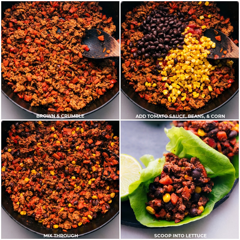 Process shots of Turkey Lettuce Wraps-- images of the tomato sauce, beans, and corn being cooked through