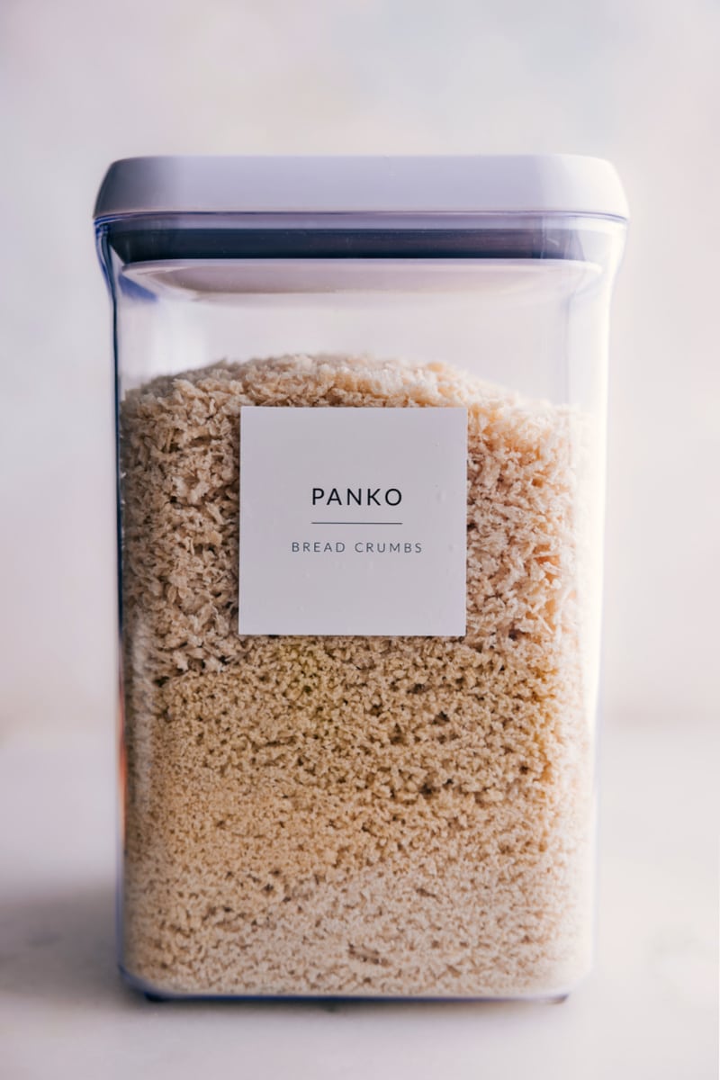 A container of panko bread crumbs