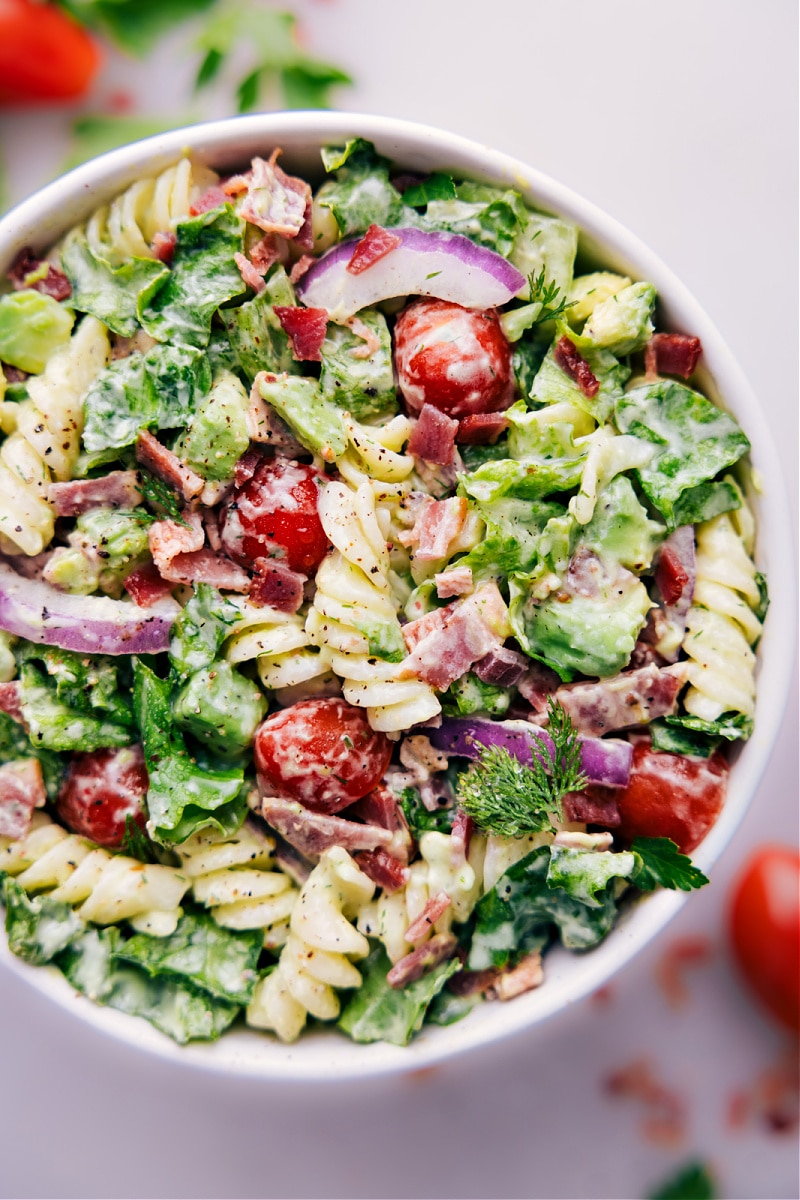 Overhead image of the BLT Pasta Salad ready to be enjoyed