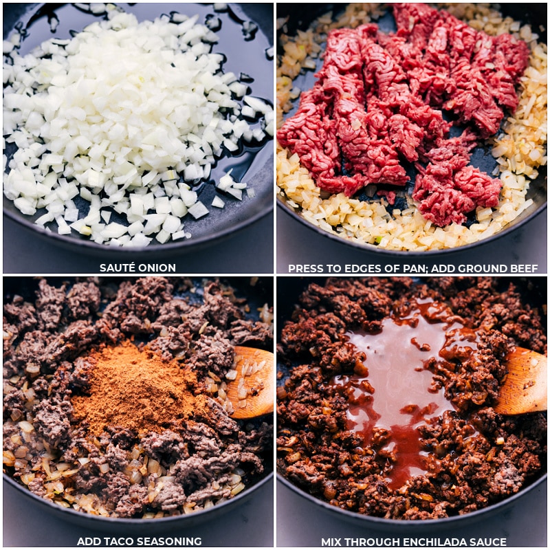 Process shots-- images of the onions being sautéed, then the beef being browned and the taco seasoning being added to everything with enchilada sauce