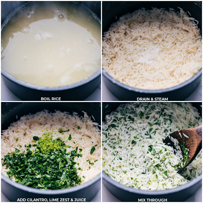Process shots of Beef Burrito Recipe-- images of the rice being cooked and the cilantro, lime zest, and lime juice being added to the pot