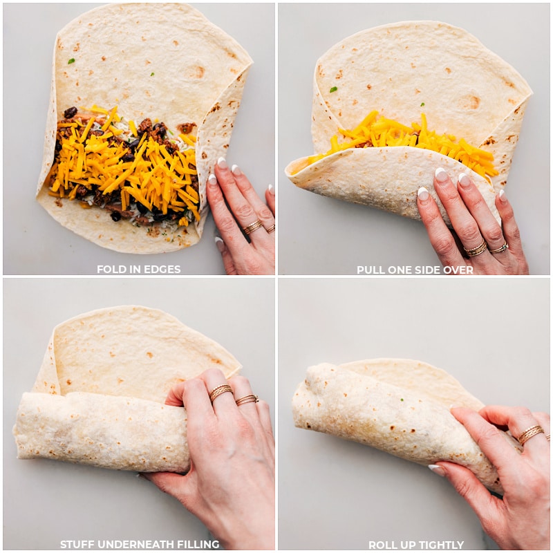 Process shots of Beef Bburrito Recipe-- images showing how to fold the burrito