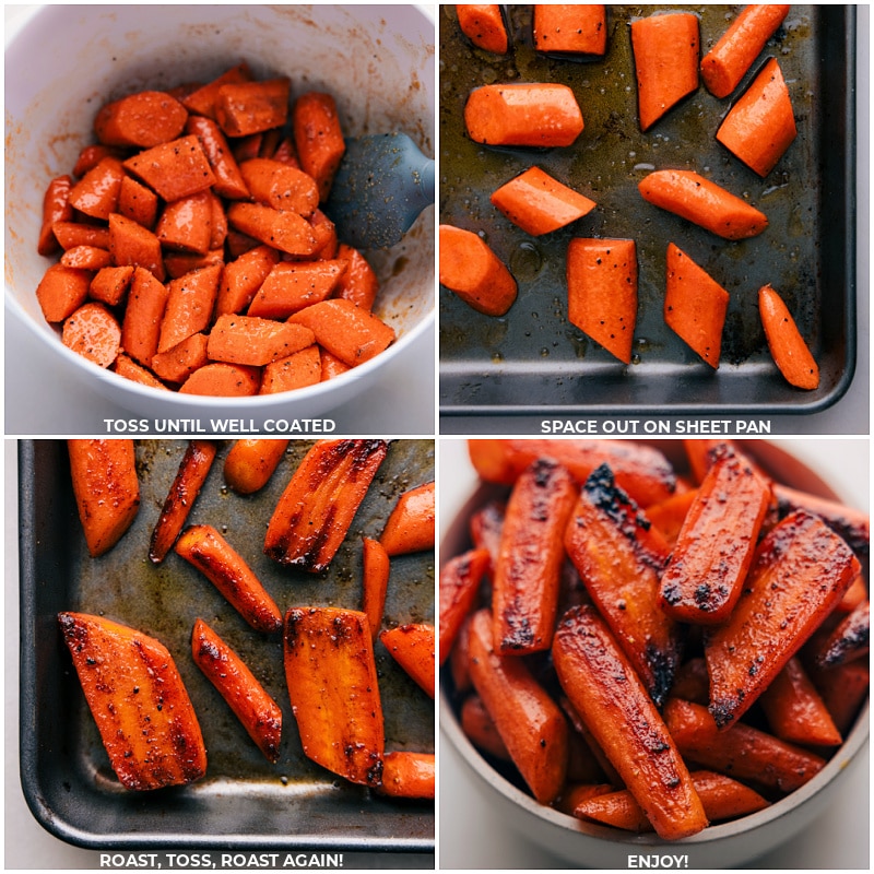 Process shots-- images of the carrots being tossed into the seasoning and oil blend and it all being roasted