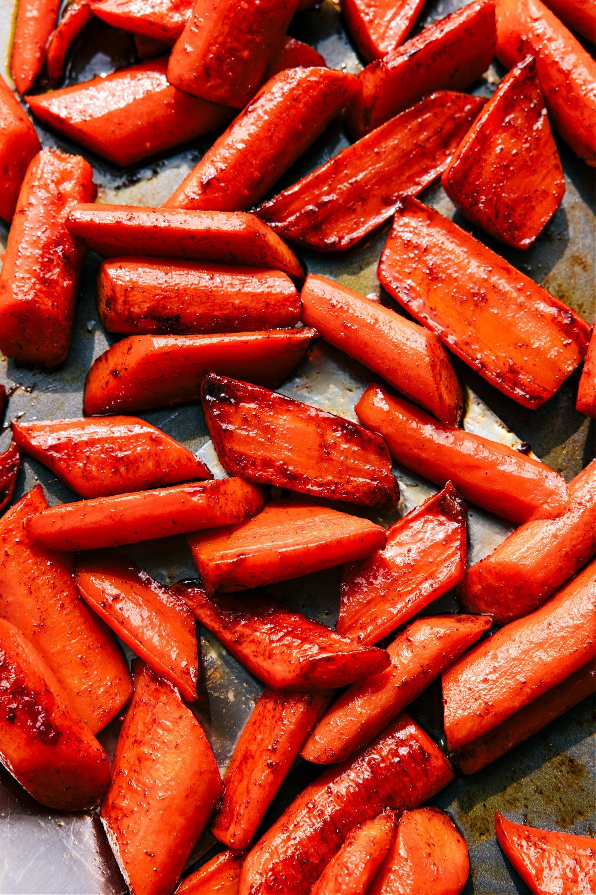 Brown Sugar Roasted Carrots on the sheet pan ready to be enjoyed.