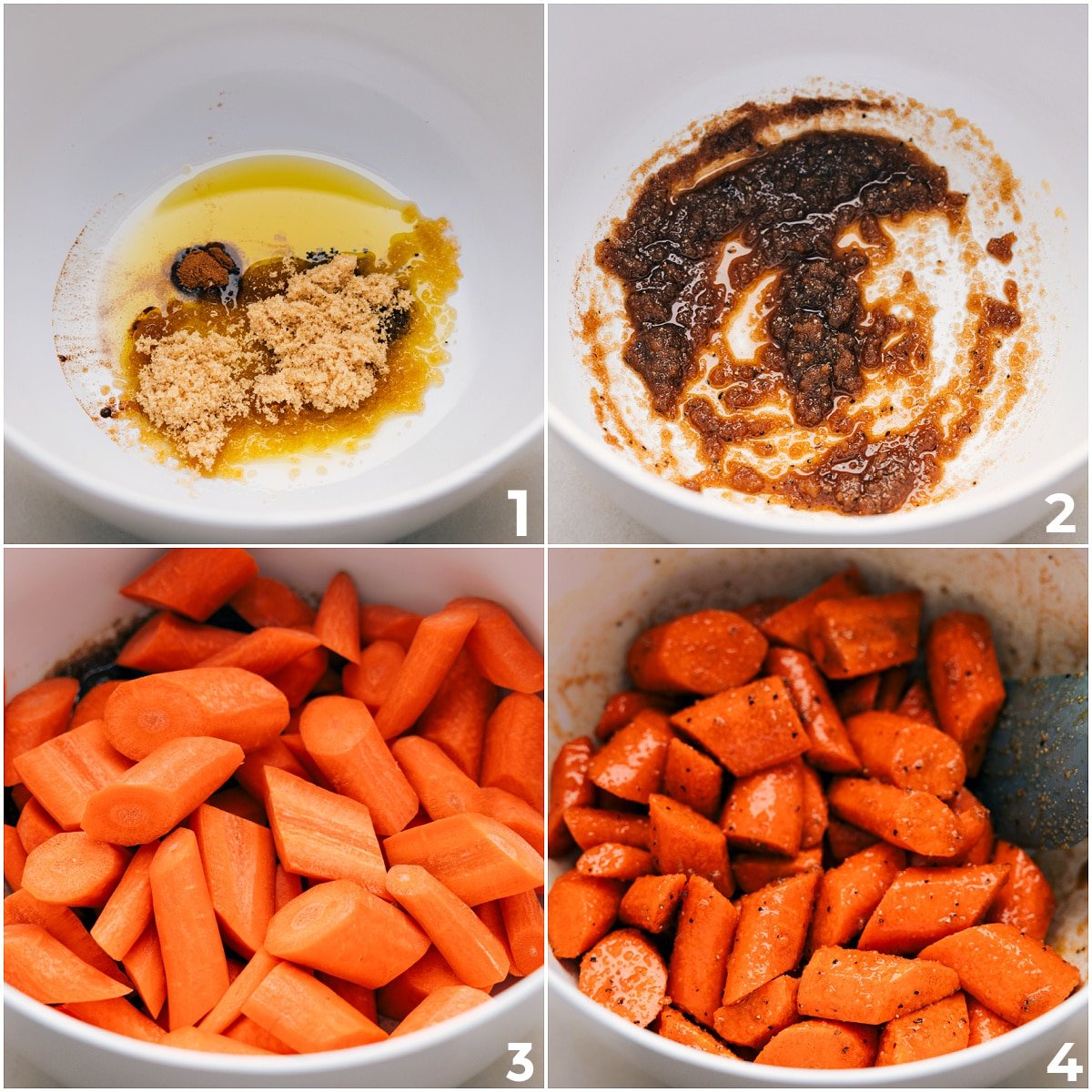The brown sugar, oil, cinnamon, and salt mixed together in a bowl and mixing it together and then adding carrots in to coat them for these brown sugar roasted carrots.