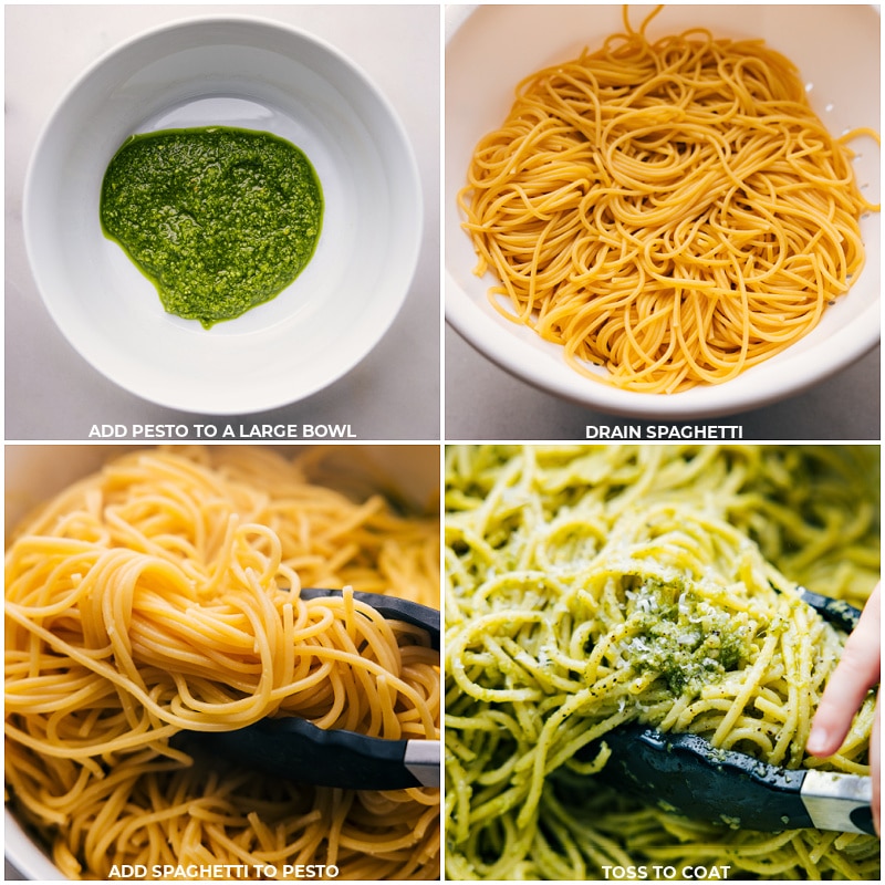 Images of the Pesto Pasta being prepped as a base for the meatballs