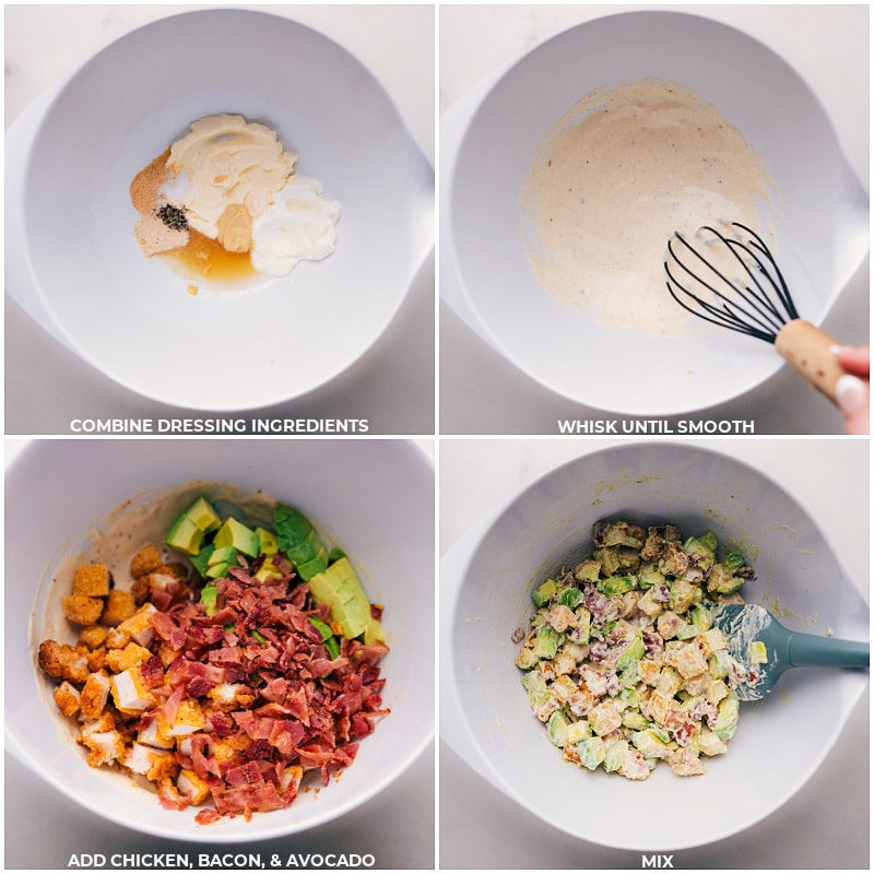 Process shots of Chicken Bacon Avocado Wraps-- images of the dressing being whisked together and all the ingredients being added 