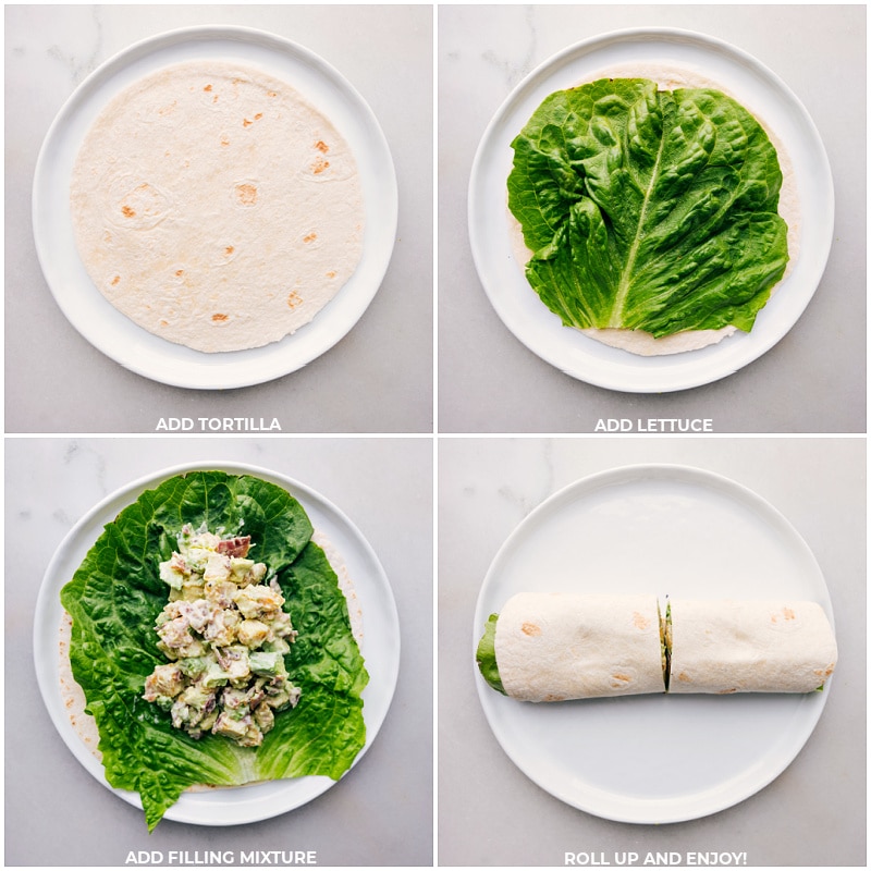 Process shots-- images of the tortilla being layered with lettuce and the filling mixture and it all being rolled up