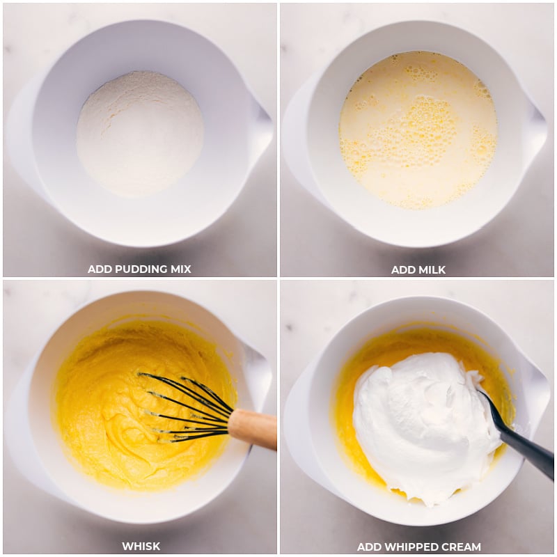 Process shots-- images of the pudding mix and milk being whisked together and then whipped cream being added in