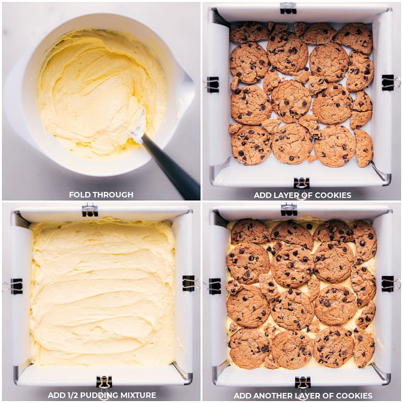 Process shots of Chocolate Chip Icebox Cake-- images of the pudding mix and cookies being layered in