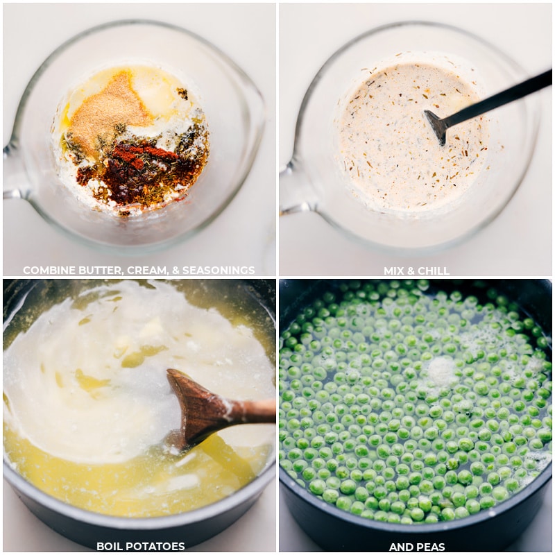 Process shots-- images of the cream sauce being made and then the potatoes being boiled and peas being added in