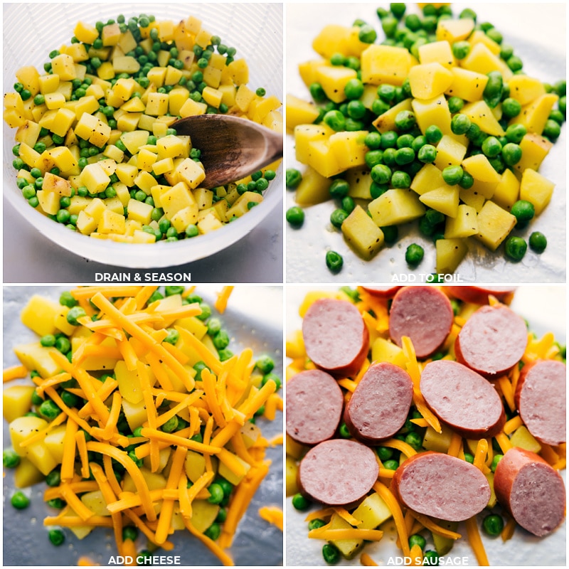 Process shots of Creamy Sausage and Potato Foil Packs-- images of the potatoes and peas being drained and then it all being layered into the foil packs