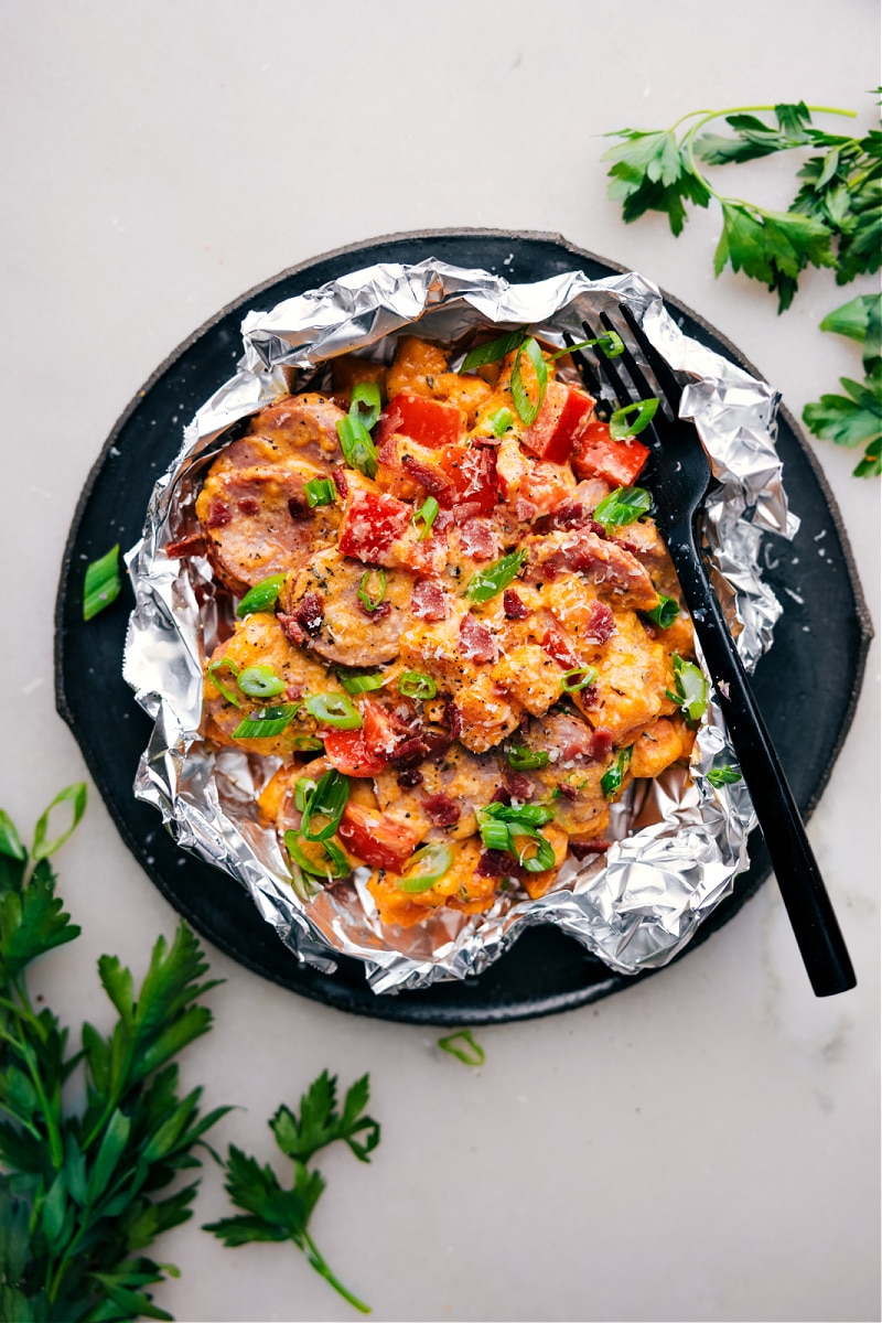 Overhead image of the Creamy Sweet Potato and Sausage in a foil packet