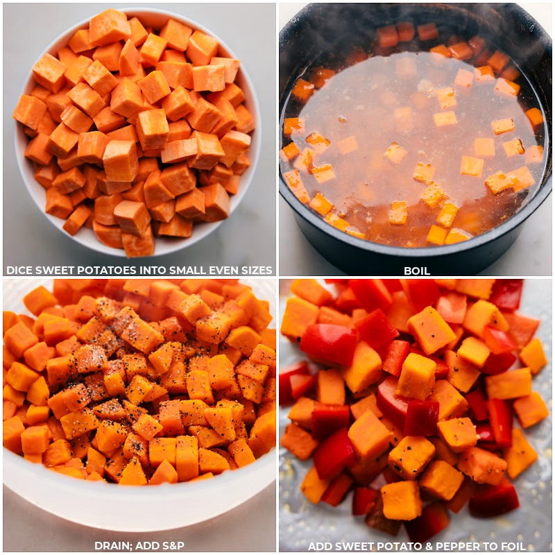 Process shots of Creamy Sweet Potato and Sausage-- images of the sweet potato being boiled and then being added to the foil packets with red bell peppers