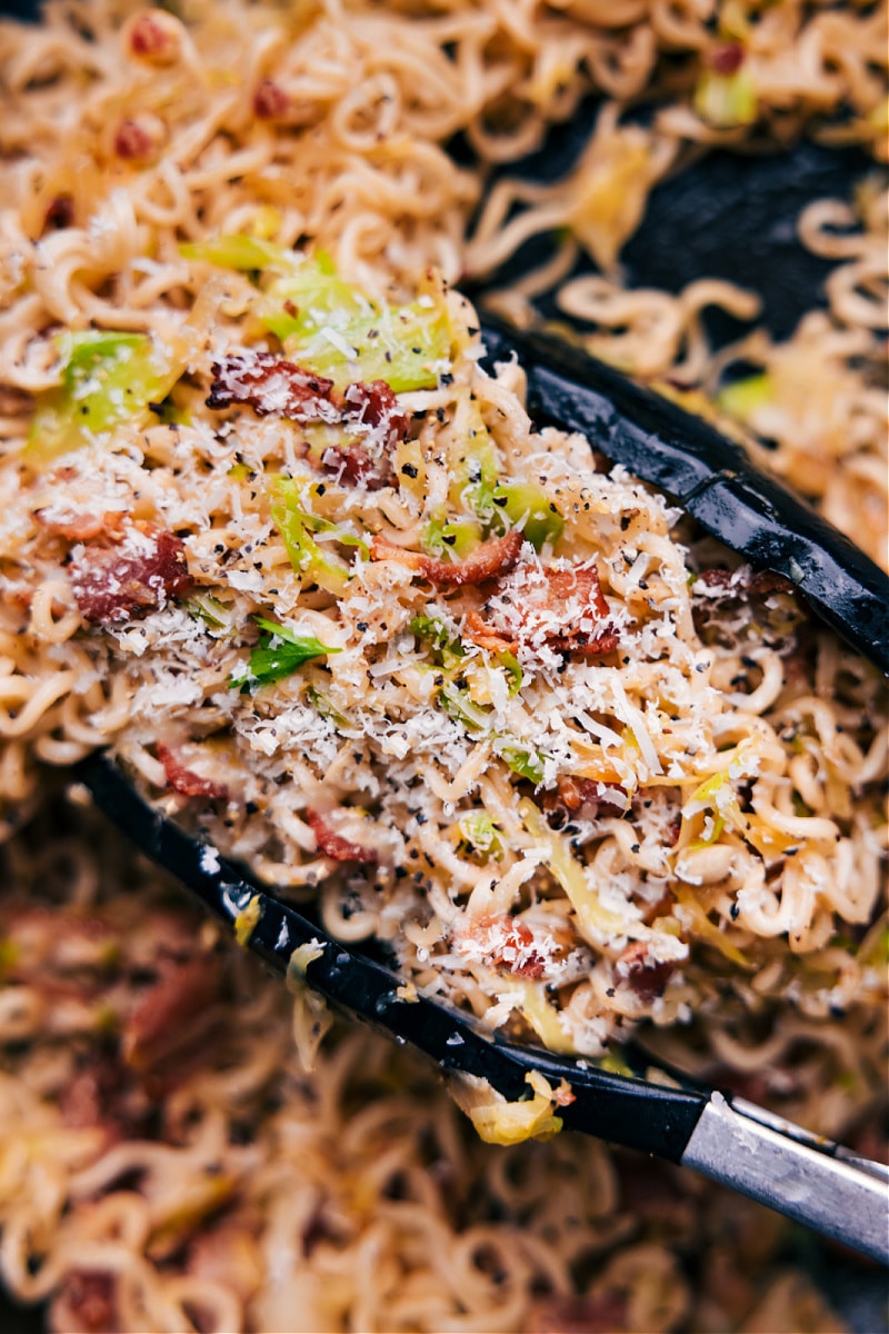 Up-close overhead image of Fried Cabbage Ramen ready to be enjoyed