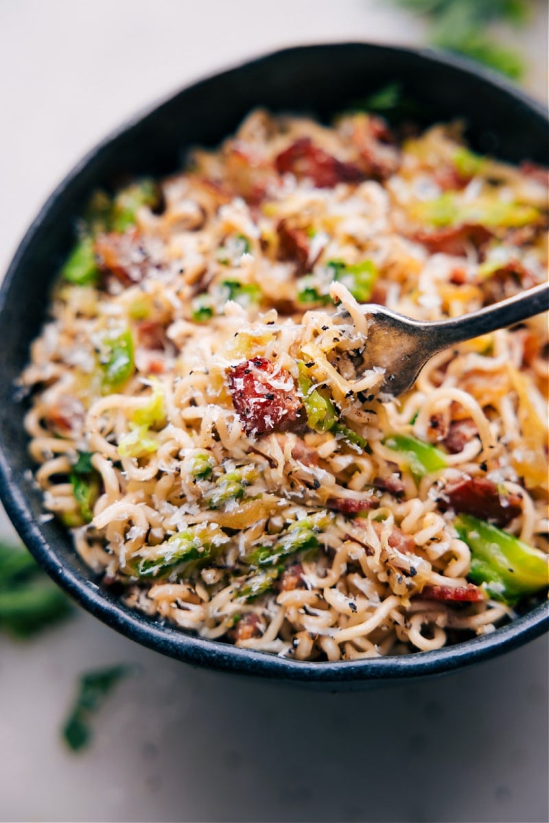 Image of a fork full of the dish coming out of a bowl