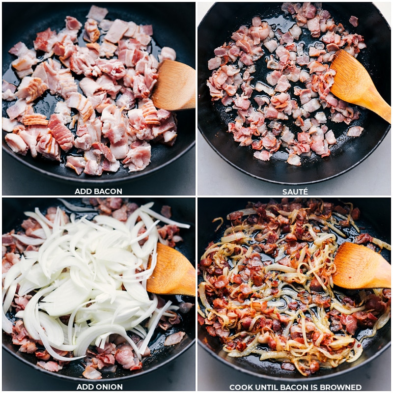 Process shots-- images of the bacon being cooked and then onions being added