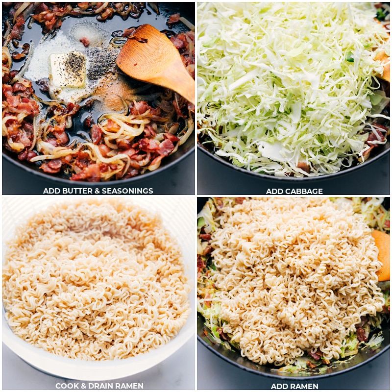 Process shots of Fried Cabbage Ramen-- images of the cabbage being added along with the cooked ramen