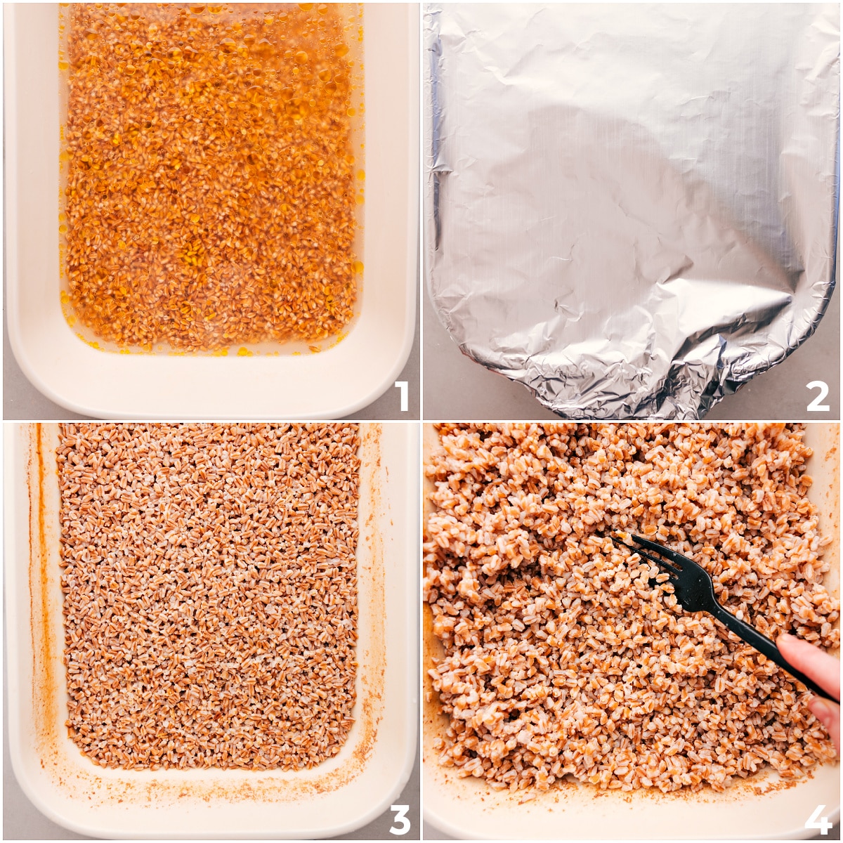 Cook the farro in a casserole dish, then fluff it to serve alongside this dish.