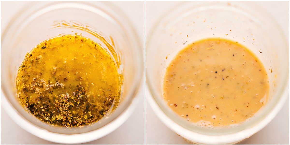 Mix all the dressing ingredients in a mason jar to dress the grain bowl.