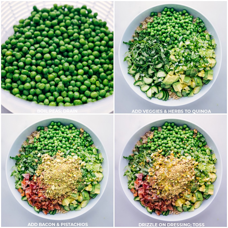 Process shots-- images of the peas being boiled and drained and then the salad being tossed together