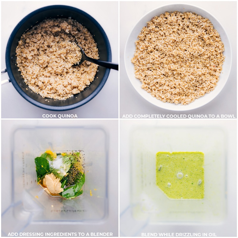 Process shots of Herbalicious Quinoa Salad-- images of the quinoa being cooked and the dressing ingredients being blended together
