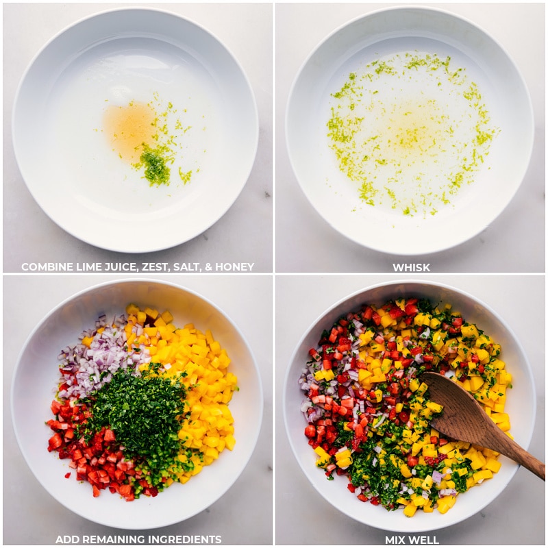 Process shots-- images of the lime juice, zest, salt, honey, and remaining ingredients being added to a bowl