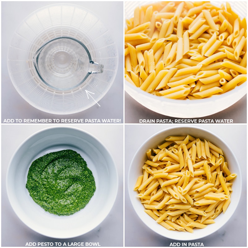 Process shots of Pesto Pasta-- images of the pesto being drained and then the pesto being added to a bowl along with the pasta