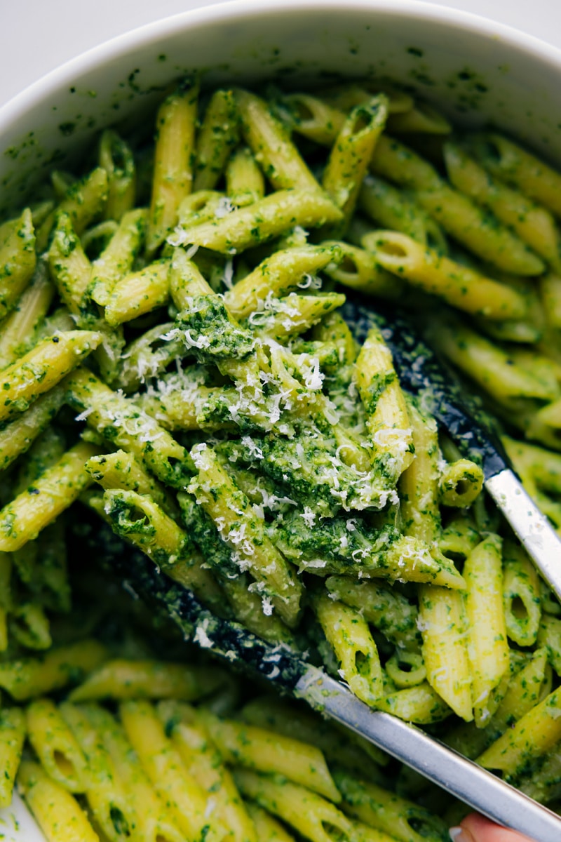 Up-close overhead image of the Pesto Pasta ready to be enjoyed